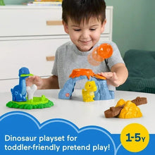 Toddler dinosaur playground playset with blue and yellow figures on green and orange pieces