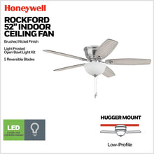 Brushed nickel indoor ceiling fan with frosted light bowl and reversible blades