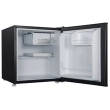Open black one-door mini refrigerator with interior shelf and right door bin