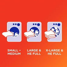 Dryer sheet dose guide showing Small, Large & X-Large he full