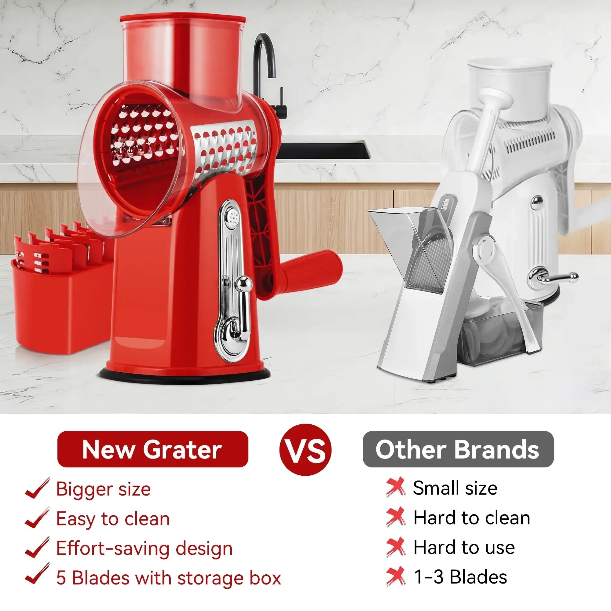 Pukomc Rotary Cheese Grater with Handle- 5 Blades, Suction Base, Mandoline Slicer & Veg Shredder with Blade Storage Box - USA MEGA SHOP