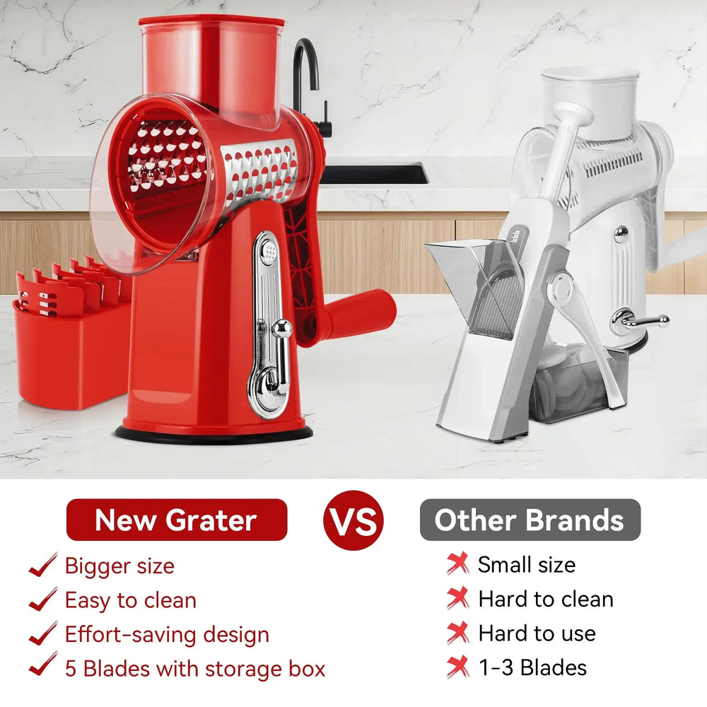 Pukomc Rotary Cheese Grater with Handle- 5 Blades, Suction Base, Mandoline Slicer & Veg Shredder with Blade Storage Box - USA MEGA SHOP