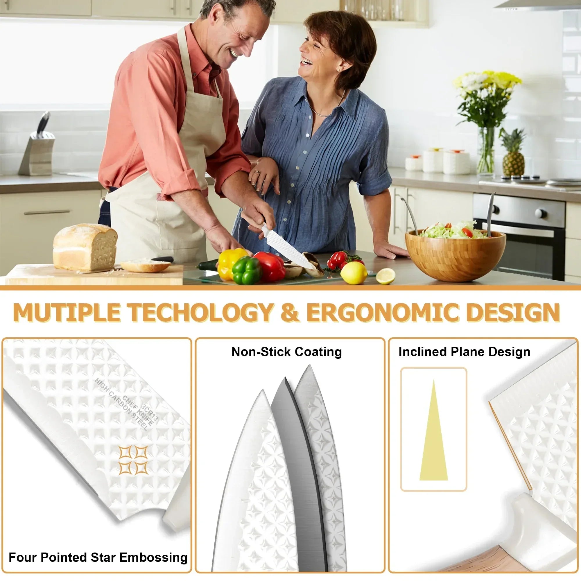 Joyfair Kitchen Knife Set, 7 Pcs Stainless Steel White Knives Block Set for Chef, Super Sharp Professional Knife Set with Universal Knife Block for Home Restaurant, Non-Stick & Anti-Rust - USA MEGA SHOP