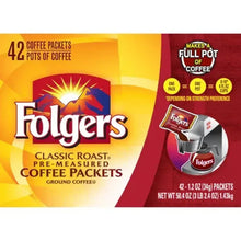 Folgers Classic Roast pre-measured coffee packets box, 42-count, red and yellow front