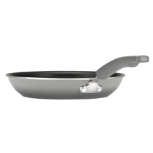 Gray nonstick frying pan with light gray handle and riveted metal base