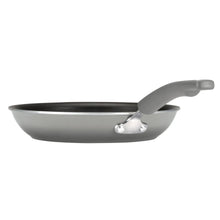 Gray nonstick frying pan with long handle and silver rivet details