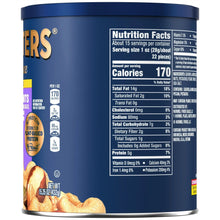 Planters Deluxe mixed nuts nutrition facts panel on canister