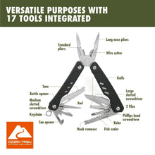 17-in-1 multi-tool diagram showing built-in tools across the folded body