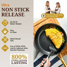 Black nonstick frying pan with gold handle and speckled nonstick cooking surface.