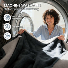 Gray electric throw blanket with white sherpa, next to a detached controller during washing.