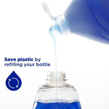 Soap bottle refilling from pump, blue liquid stream, refill-friendly design