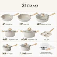 Cookware set layout showing 21 pieces: frying pans, stockpots, saucepans, and egg pan.