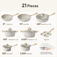 Carote Nonstick Cookware Set 21-Piece,Kitchen Pots and Pans Set,Stay-Cool Handles, Induction Compatible,Cookware Set for RV and Camping,Beige