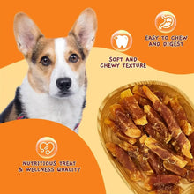 Sweet potato and chicken chew dog treats with a dog portrait and round chew icon