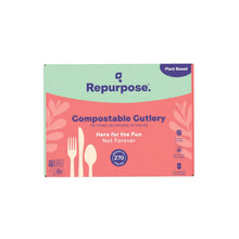 Repurpose beige compostable cutlery, 270-count box with fork, spoon and knife illustrations