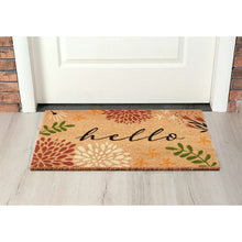 Outdoor coir doormat with colorful floral pattern and 'hello' text