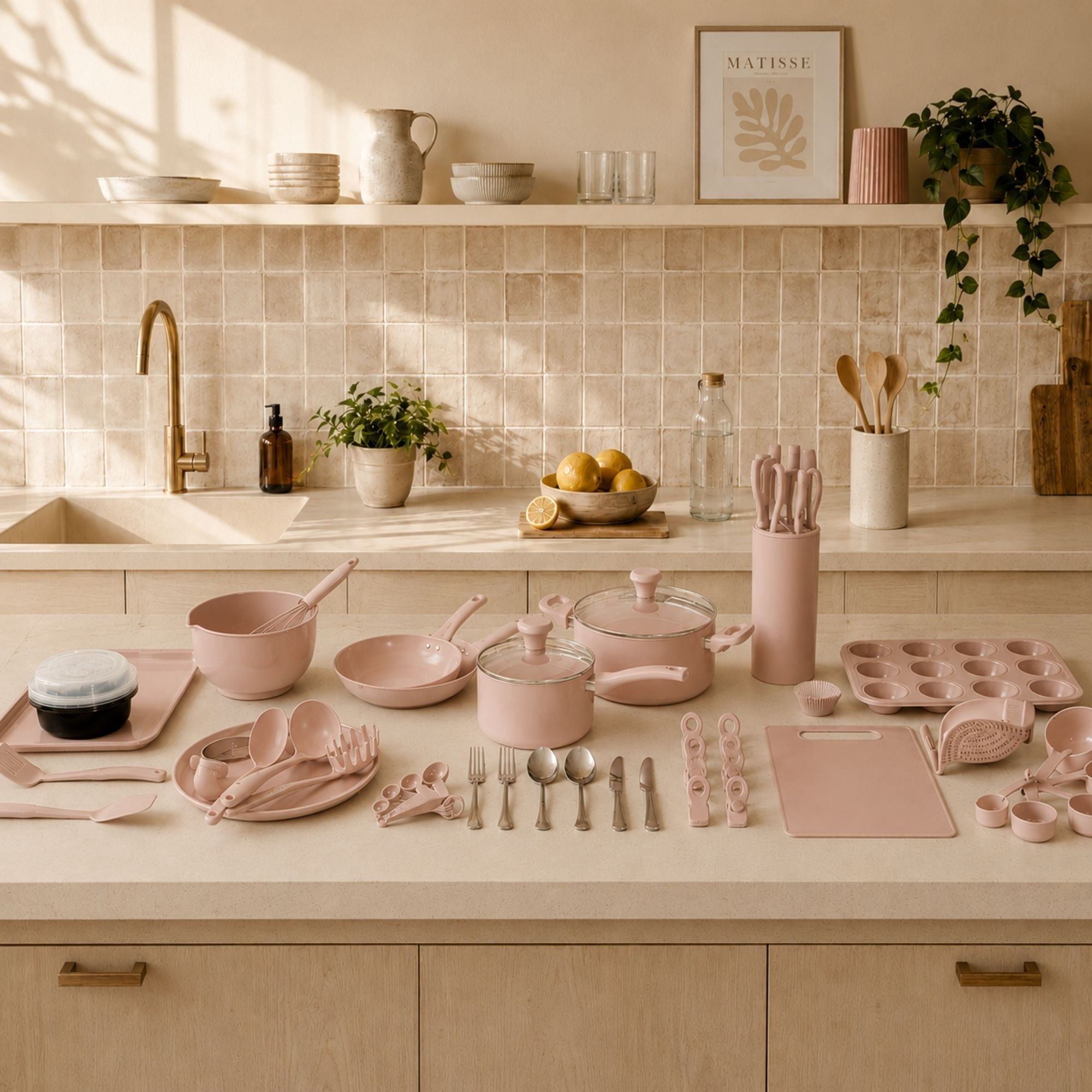 Elements by Thyme & Table 60-Piece Ceramic Non-Stick Cookware Set - Red