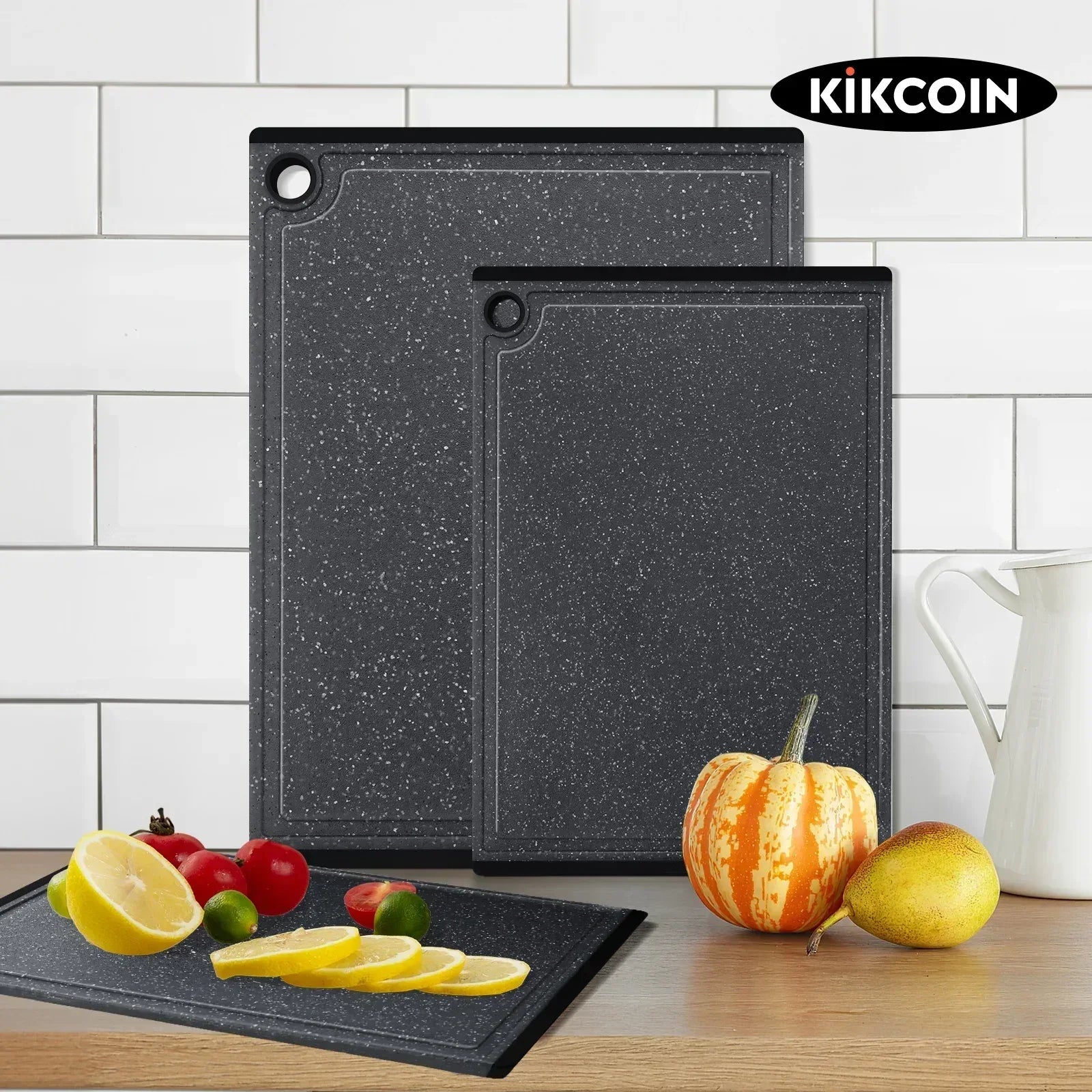 Kikcoin 3-Piece Plastic Large Cutting Boards Set for Kitchen, Non-slip Feet and Juice Grooves, Multicolor