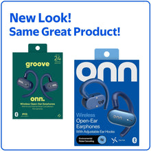 Blue wireless open-ear earphones retail packaging with two earbud images and headset shape