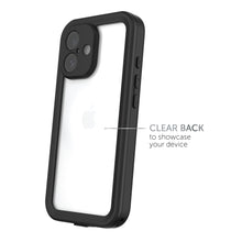 Black waterproof phone case with clear back panel showing camera area