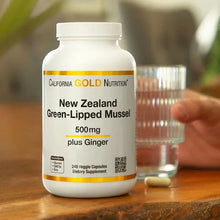 Supplement bottle front label, New Zealand green-lipped mussel 500 mg plus ginger