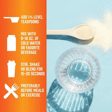 Amino acid powder mixing guide with scoop and glass of cold water