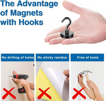 Hand placing a black magnetic hook with curved hook end and round base