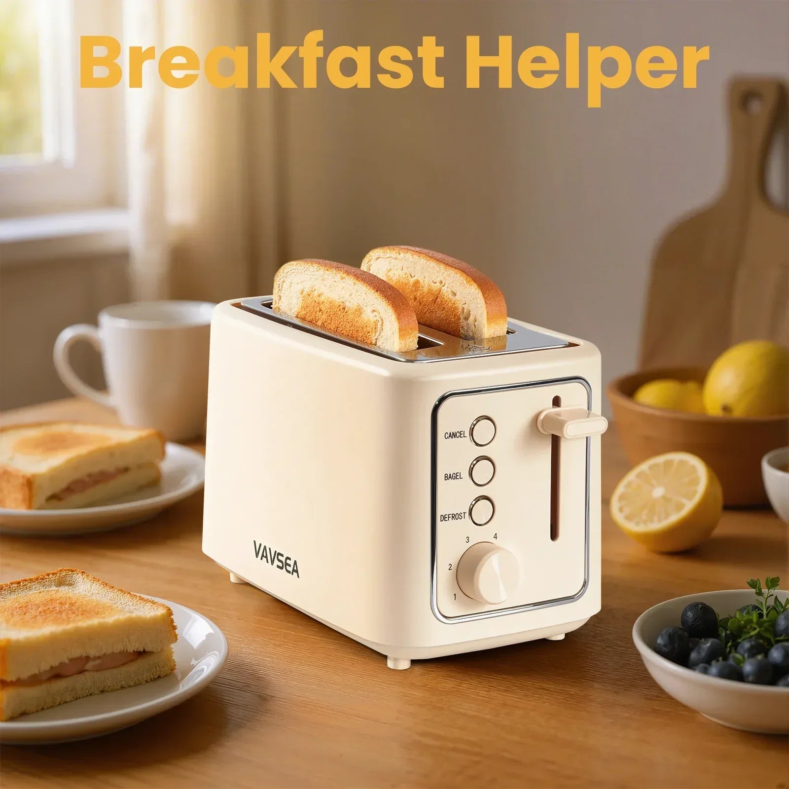 VAVSEA 2 Slice Toaster, 1000W Bread Toaster Machine with Extra Wide Slot, 6 Shade Settings and LED for Bagels, Waffles, Bread, Removable Crumb Tray, Breakfast Helper, Beige - USA MEGA SHOP