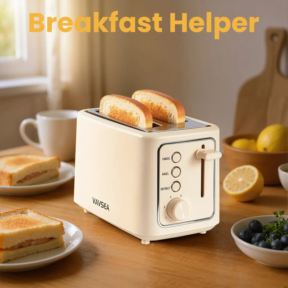 VAVSEA 2 Slice Toaster, 1000W Bread Toaster Machine with Extra Wide Slot, 6 Shade Settings and LED for Bagels, Waffles, Bread, Removable Crumb Tray, Breakfast Helper, Beige - USA MEGA SHOP