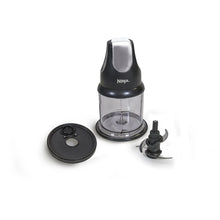 Food processor with clear bowl, black base plate, and detachable blade