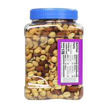 Mixed nuts jar with blue cap, back label visible, clear container filled with nuts