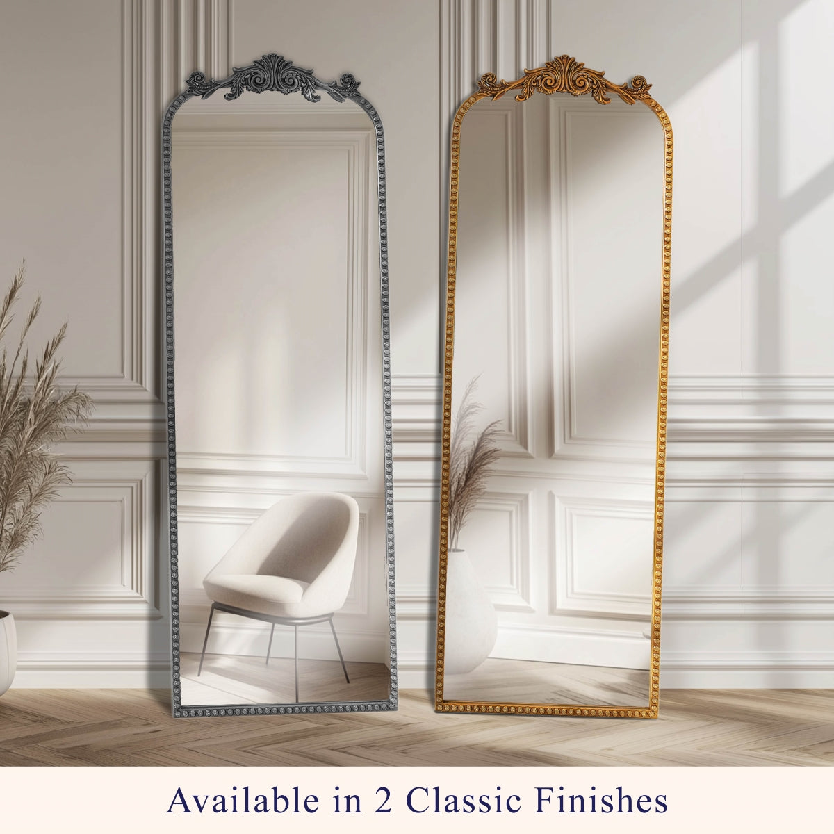Crystal Art Gallery 22" x 64" Black Filigree Arch Metal Full Length Floor Leaner Mirror