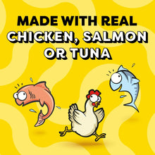 Temptations lickable puree cat treat panel: made with real chicken, salmon, or tuna