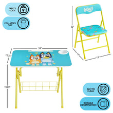 Kids activity table and folding chair with turquoise cartoon tabletop and yellow frame