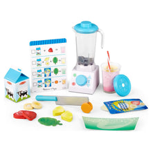 Wooden smoothie maker blender set with blender, cups, straw, and toy fruit pieces