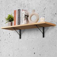 Black wall-mounted shelf bracket supporting a wooden shelf, triangular brace.