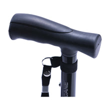 Black T-handle cane grip with wrist strap and folding hinge detail