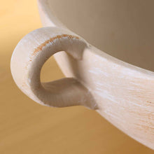Taupe ceramic bowl handle detail, distressed matte finish
