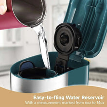 Teal single-serve coffee maker water reservoir with pour stream and 6–14 oz marks