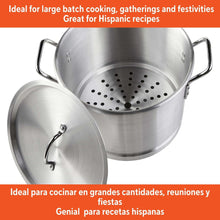 Aluminum steamer pot with perforated steaming insert, domed lid, and side loop handles