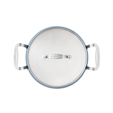 Denim blue stock pot with clear lid and stainless-steel side handles