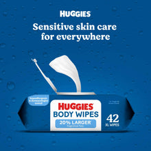 Huggies body wipes package with a white wipe emerging