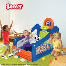 Inflatable blue and orange sports play center with hoop and slide, balls nearby