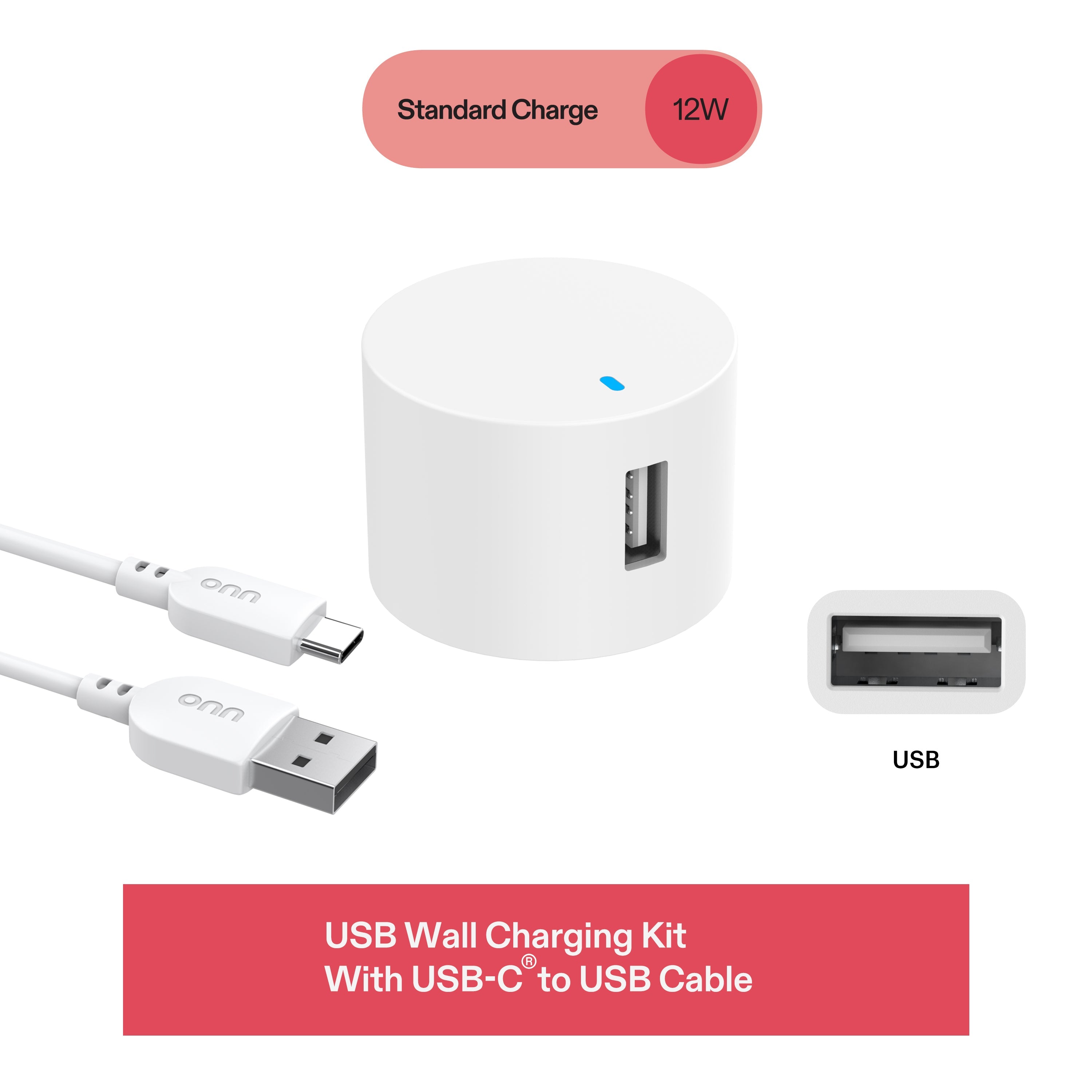onn 12W Single USB-A Port Wall Charger with 3ft USB-C to USB Cable, Foldable Plug, White - Compatible with iPhone 17/16/15 Series, Samsung Galaxy, Google Pixel, and more