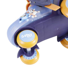 Light blue Bluey roller skate with orange wheel accents, adjustable strap