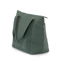 Forest green soft cooler tote with side panel, top handle, and zipper flap
