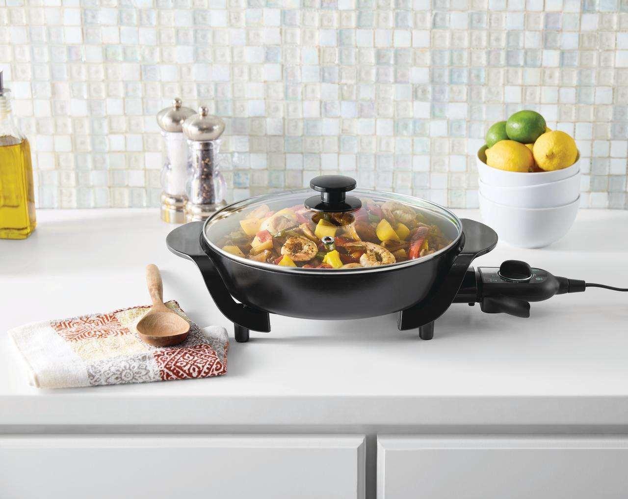 Mainstays 12" Round Ceramic Skillet, Black,Nonstick, 1200W, Removable Temp Control, Dishwasher Safe