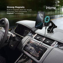 Black iPhone phone case with circular magnetic ring mounted in car with charging cable