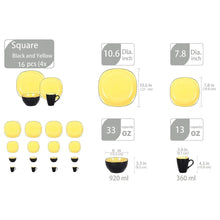 16-piece square dinnerware set, glossy yellow pieces with matte black outer accents
