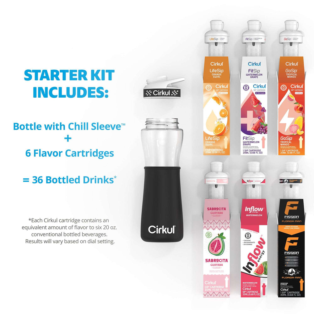 Cirkul 22 fl oz Plastic Bottle and Black Chill Sleeve Value Pack with 6 Flavor Cartridges